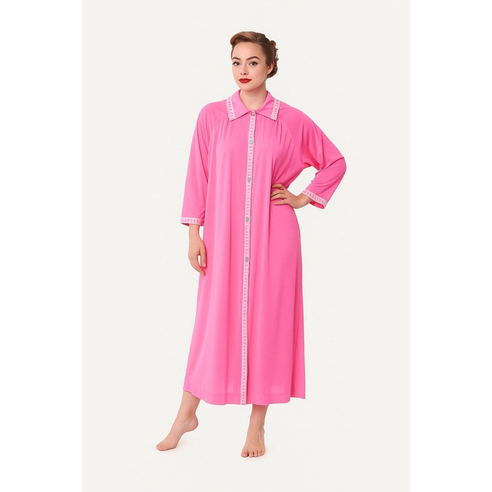 VTG Retro Barbie Pink 60' 70's Hot Pink Metallic Floral House Coat Robe Nightie